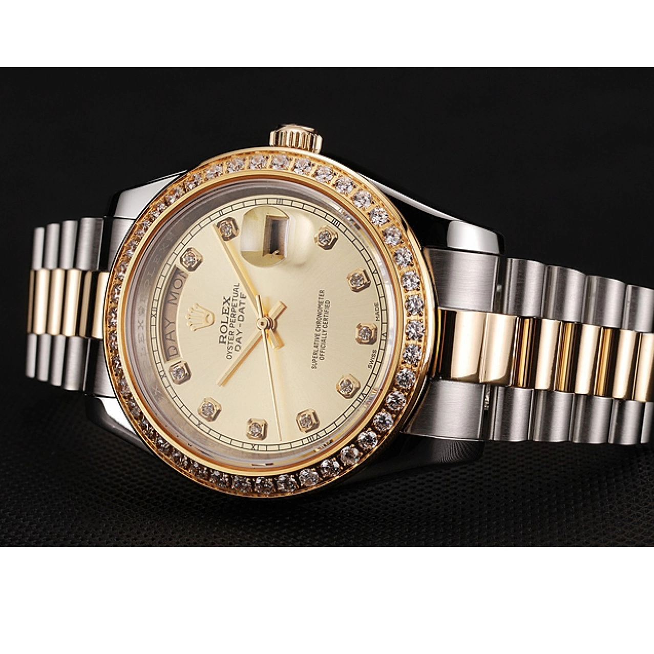 Aaa fake watches Day-Date Swiss Diamond Dial 1453974 Two Gold Tone Bracelet Rolex Stainless Steel Champagne Case 0614